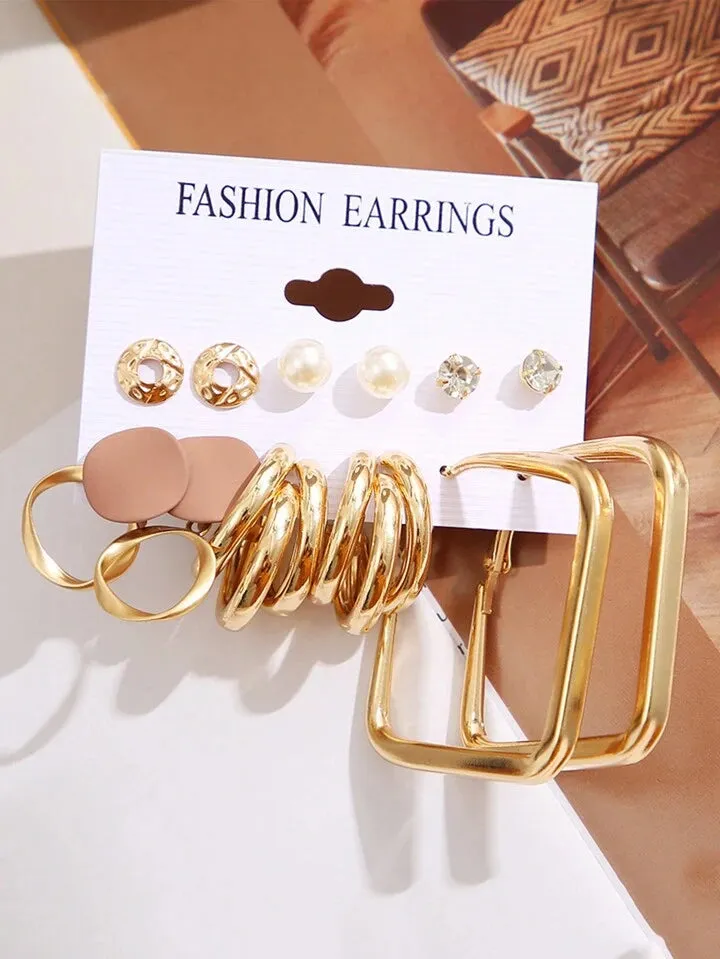 12pcs faux pearl & rhinestone earrings set in gold