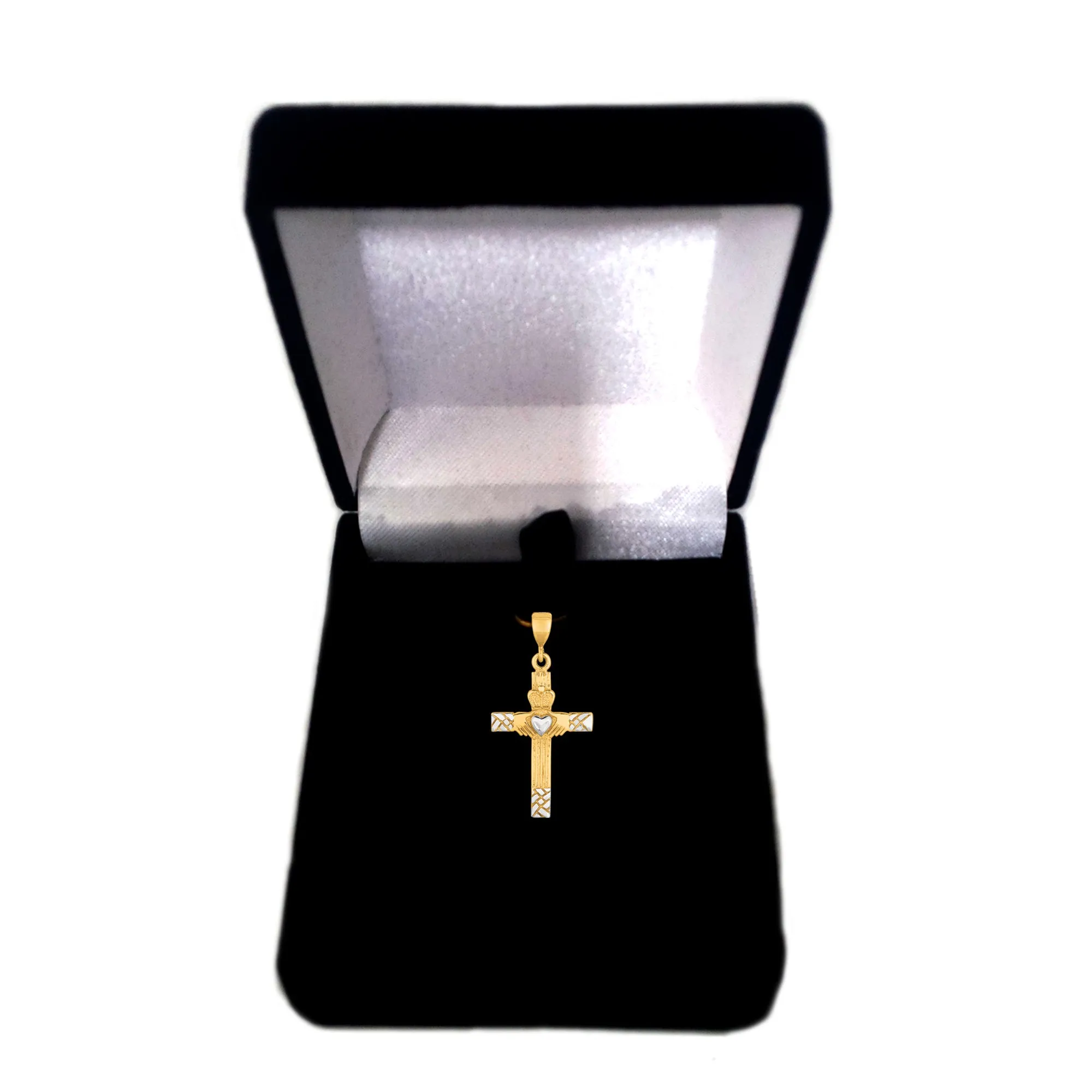 14k 2 Tone Gold Claddagh Style Cross Pendant