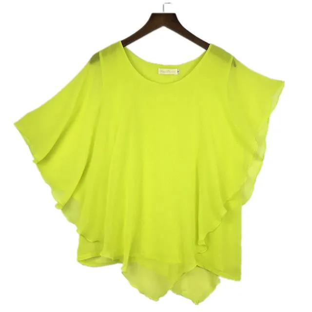 16 Colors Plus Size S- 5XL 6XL Ladies Chiffon Batwing Sleeve Blouse Tops