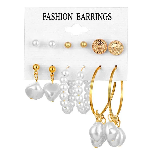 2020 Vintage Pearl Twist Big Circle Earrings Set for Women Fashion Geometric Imitation Pearl Crystal Earrings Jewelry