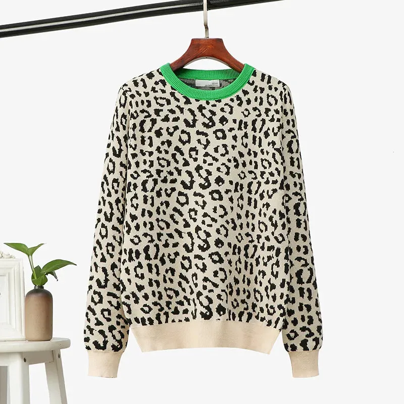 2023 Korean Jumper Autumn Winter Knitted Sweater Women Oversized Sweaters Female Leopard Jacquard Fa