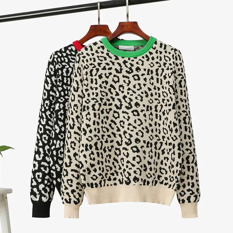 2023 Korean Jumper Autumn Winter Knitted Sweater Women Oversized Sweaters Female Leopard Jacquard Fa