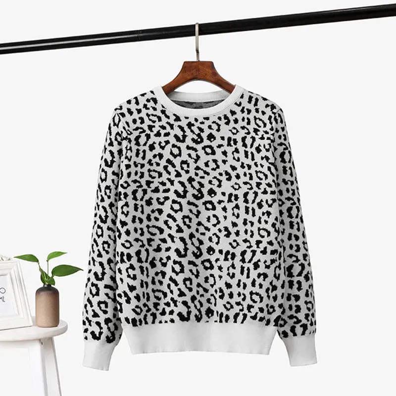 2023 Korean Jumper Autumn Winter Knitted Sweater Women Oversized Sweaters Female Leopard Jacquard Fa