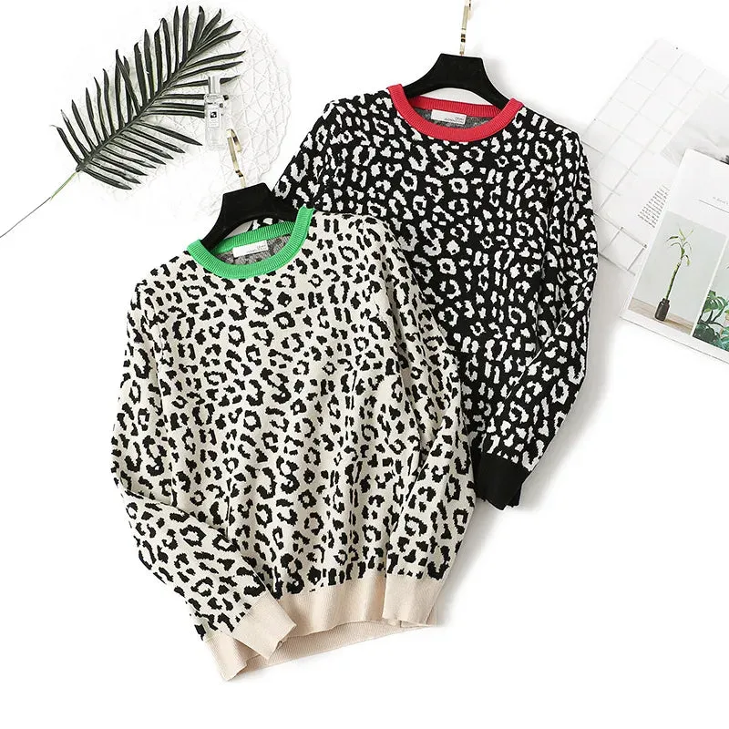 2023 Korean Jumper Autumn Winter Knitted Sweater Women Oversized Sweaters Female Leopard Jacquard Fa