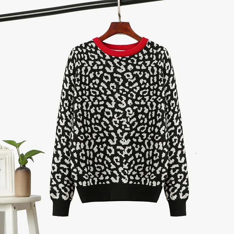 2023 Korean Jumper Autumn Winter Knitted Sweater Women Oversized Sweaters Female Leopard Jacquard Fa