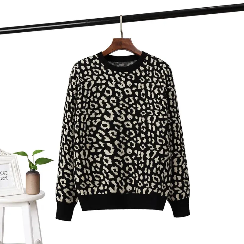 2023 Korean Jumper Autumn Winter Knitted Sweater Women Oversized Sweaters Female Leopard Jacquard Fa