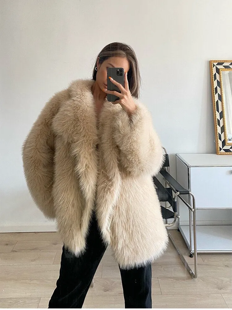 2023 Winter Warm Coat Women Mid Length Lapel Loose Faux Fox Fur Coat