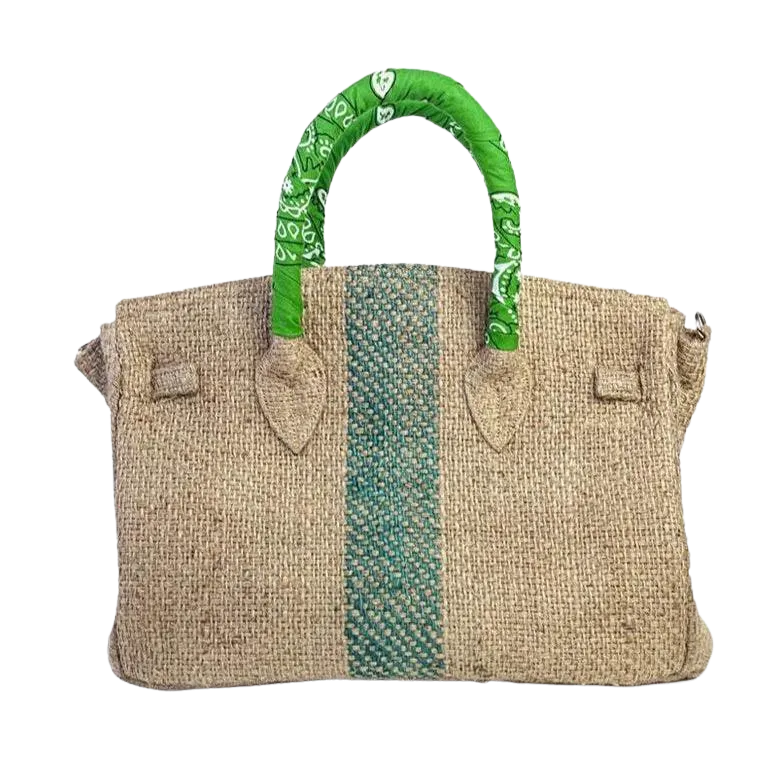 24H Birkin Style Green Coffee Jute Handbag