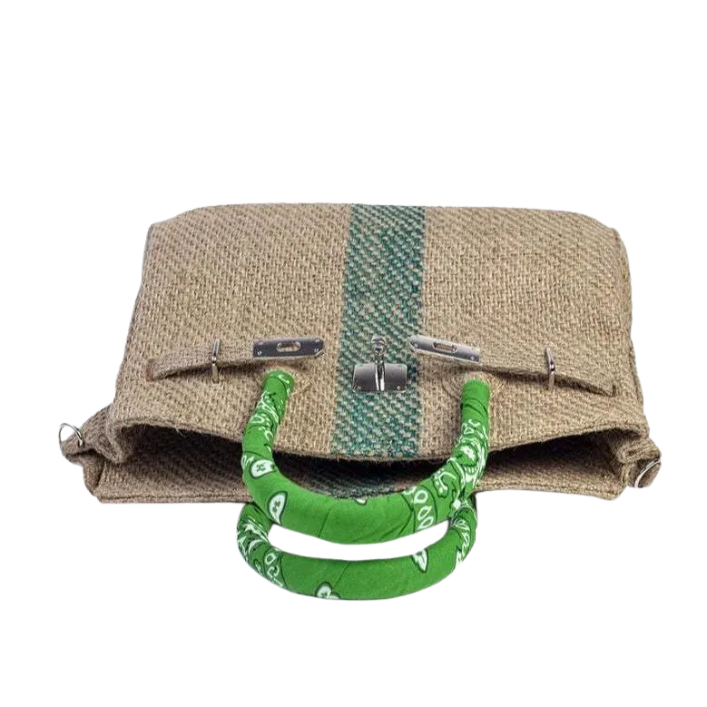 24H Birkin Style Green Coffee Jute Handbag