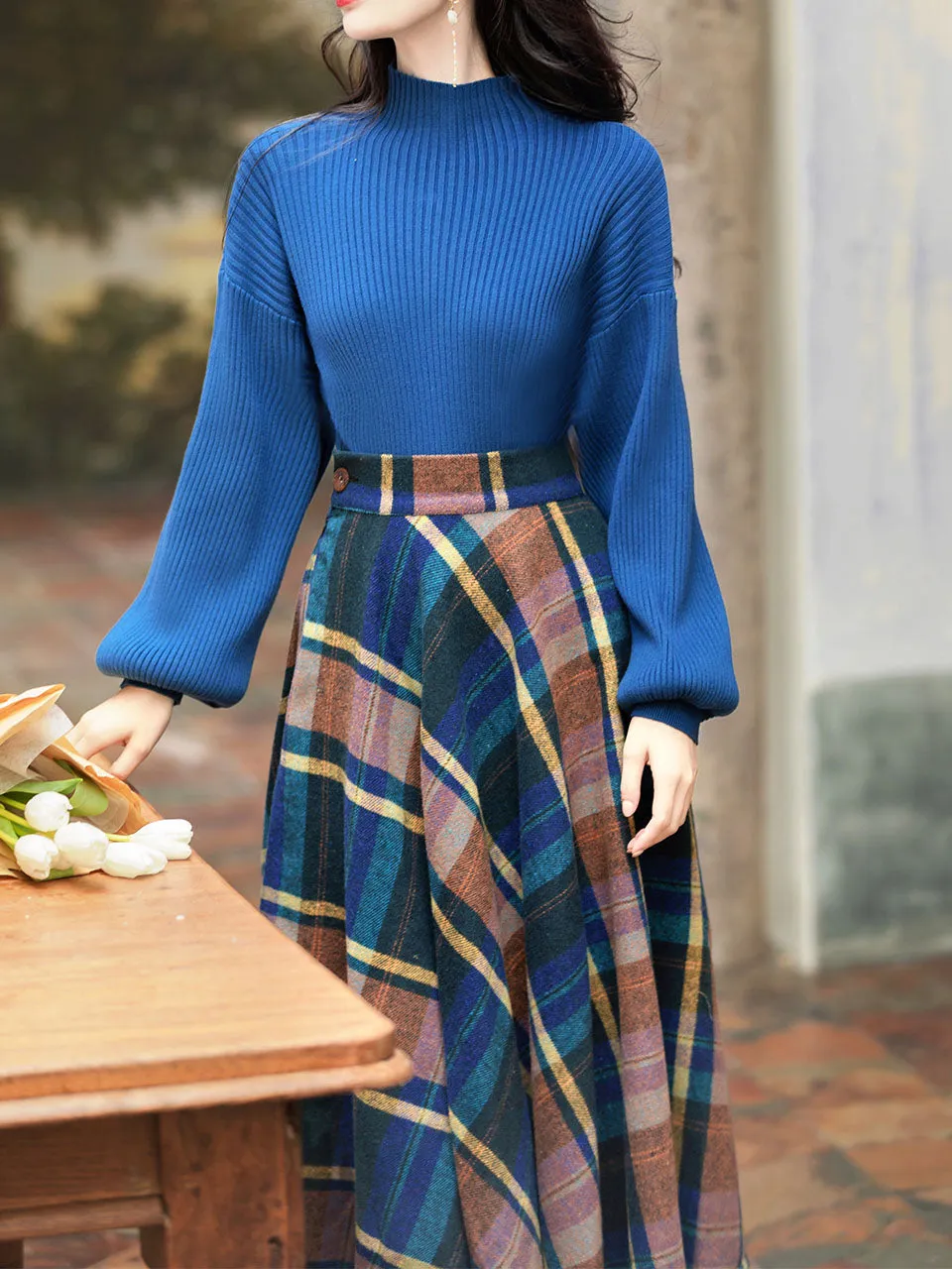 2PS Blue Sweater And Plaid Swing Skirt 1950S Vintage Audrey Hepburn's Style Outfits