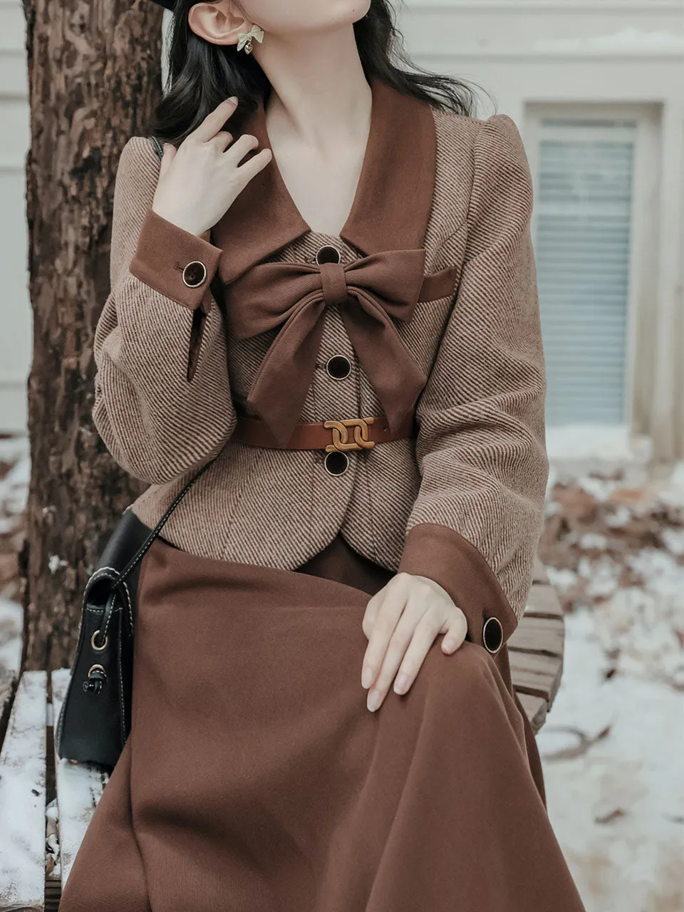 2PS Brown Bow Tweed Coat With Swing Skirt 1950S Vintage Audrey Hepburn's Style Outfits