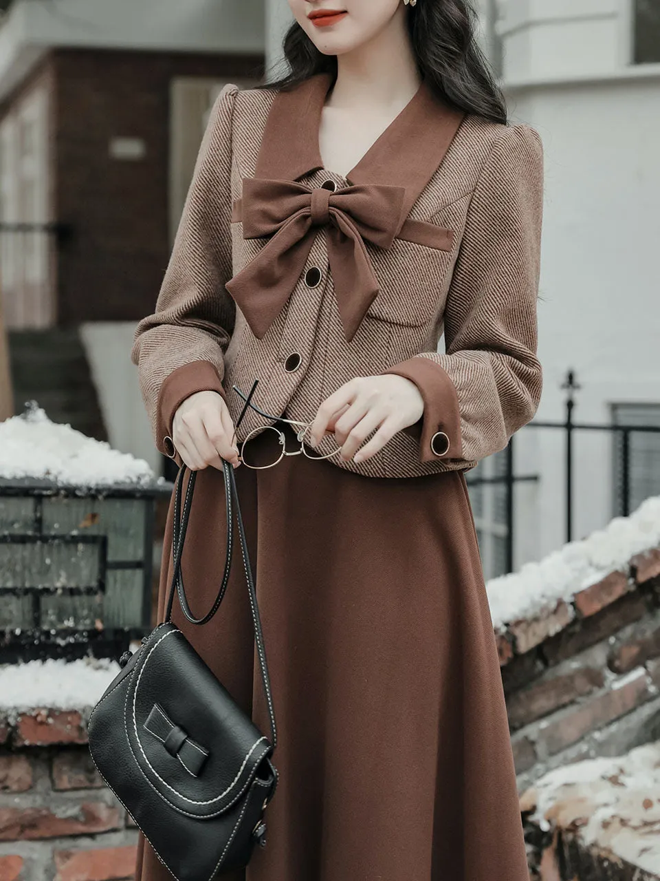 2PS Brown Bow Tweed Coat With Swing Skirt 1950S Vintage Audrey Hepburn's Style Outfits