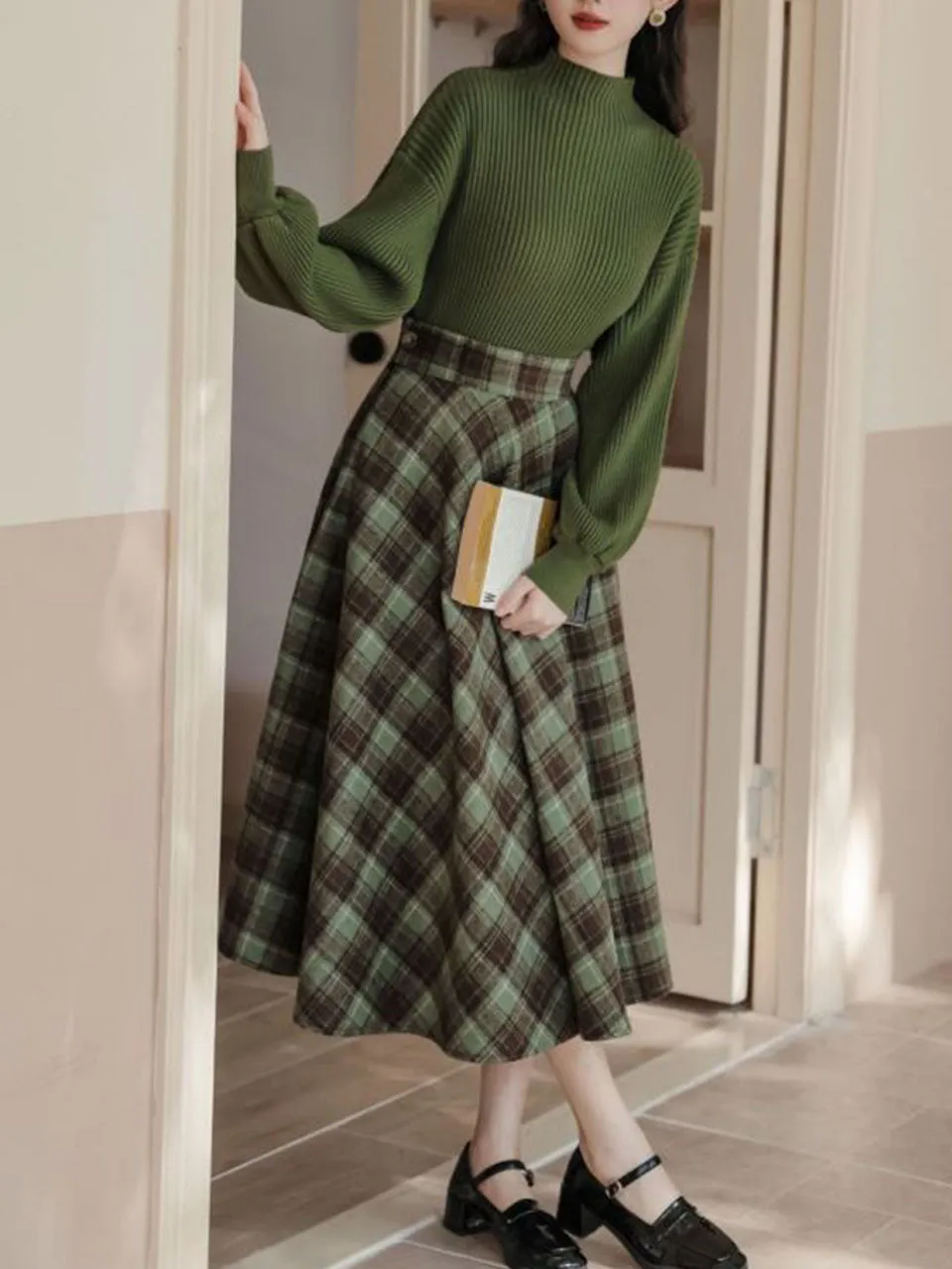 2PS Green Sweater And Plaid Swing Skirt 1950S Vintage Audrey Hepburn's Style Outfits