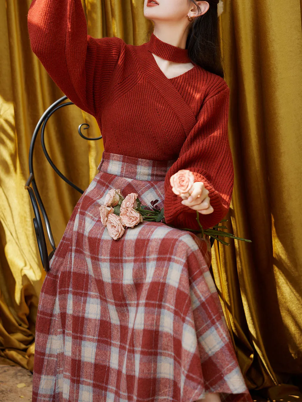 2PS Red Sweater And Scottish Plaid Swing Skirt 1950S Vintage Audrey Hepburn's Style Outfits