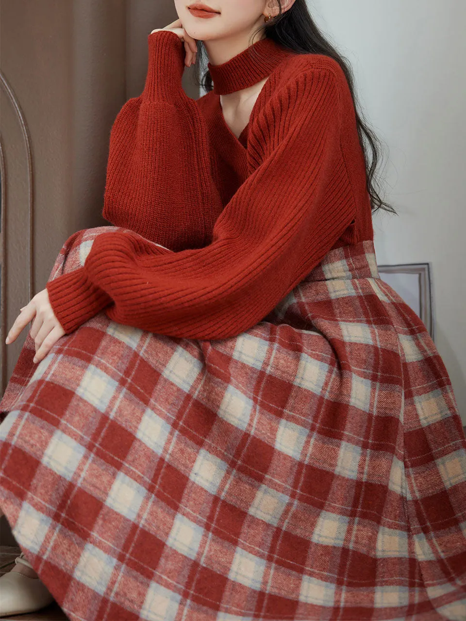 2PS Red Sweater And Scottish Plaid Swing Skirt 1950S Vintage Audrey Hepburn's Style Outfits