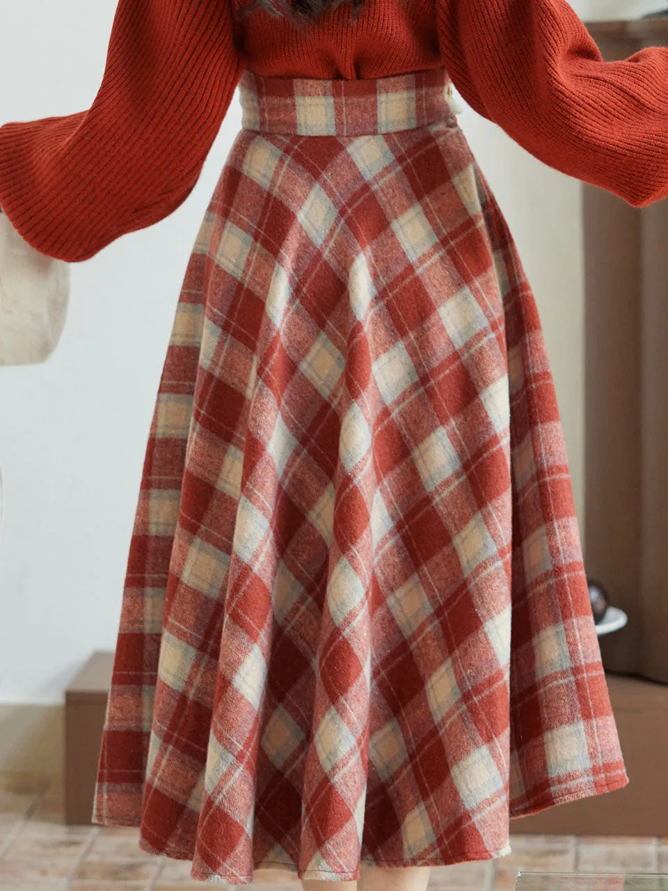 2PS Red Sweater And Scottish Plaid Swing Skirt 1950S Vintage Audrey Hepburn's Style Outfits