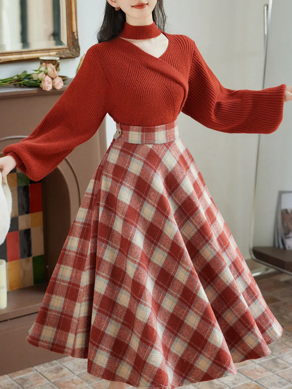 2PS Red Sweater And Scottish Plaid Swing Skirt 1950S Vintage Audrey Hepburn's Style Outfits