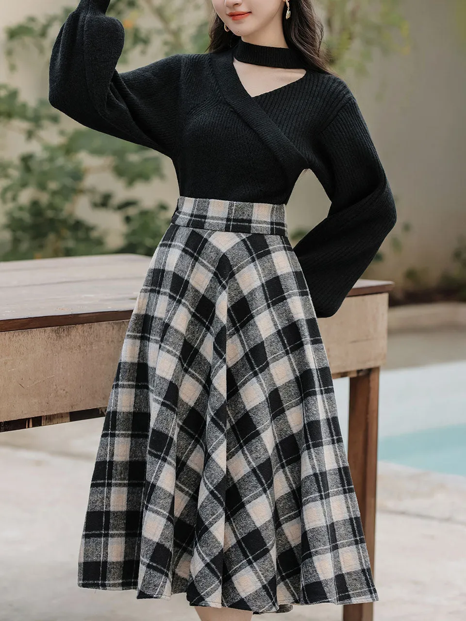 2PS Red Sweater And Scottish Plaid Swing Skirt 1950S Vintage Audrey Hepburn's Style Outfits