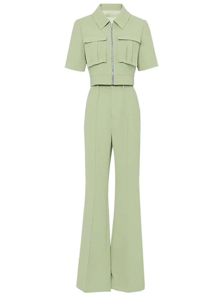 2PS Workwear Style Cropped Top Flared Trousers 1970S Set