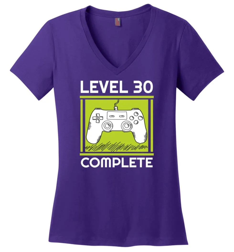 30Th Birthday Gift For Gamer Video Games Level 30 Complete Ladies V Neck