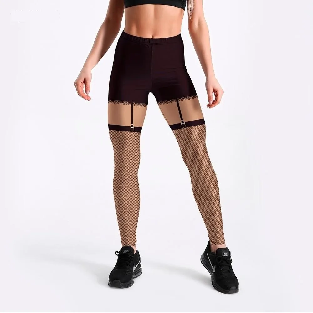 3D Digital Printed Style Black Detachable Mesh Workout Leggings for Women