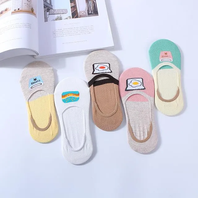 A Set of 5 Pairs Cute Harajuku Printed Low Ankle Summer Socks for Women