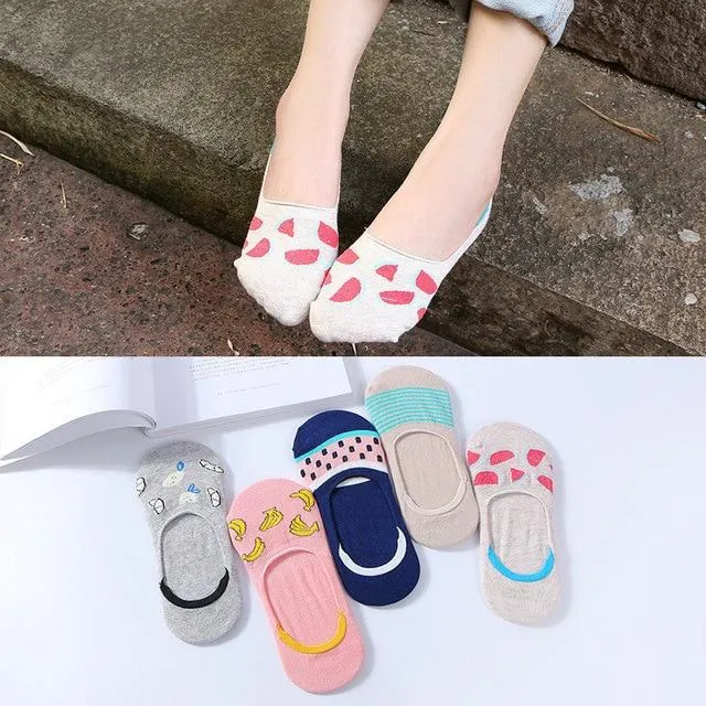 A Set of 5 Pairs Cute Harajuku Printed Low Ankle Summer Socks for Women