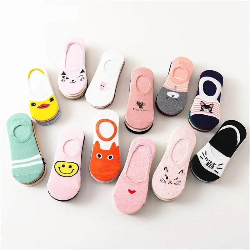 A Set of 5 Pairs Cute Harajuku Printed Low Ankle Summer Socks for Women