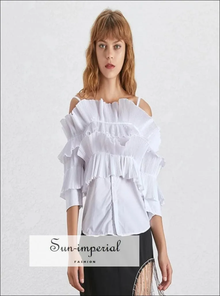 Adaline top in Mustered - Slash Neck off Shoulder Flare Sleeve Ruffles Blouse