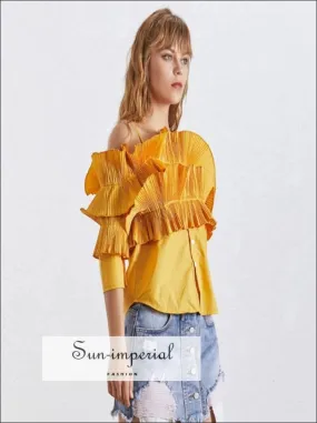 Adaline top in Mustered - Slash Neck off Shoulder Flare Sleeve Ruffles Blouse