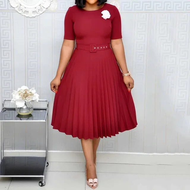 African Style Women Casual Belted Pleated Dress Elegant