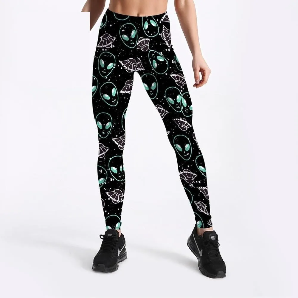 Alien and UFO Spaceship Printed Strange Style Fitness Leggings for Women