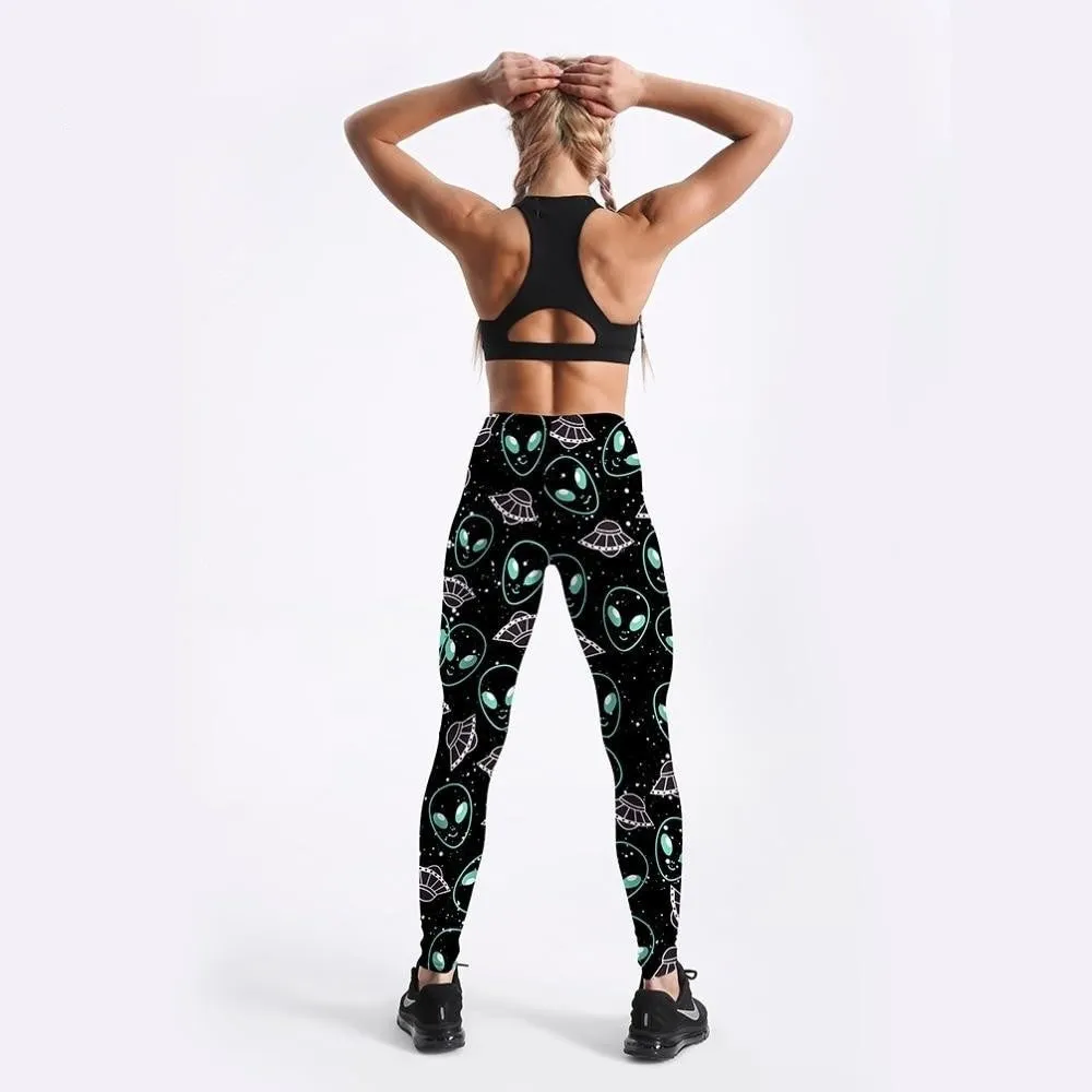 Alien and UFO Spaceship Printed Strange Style Fitness Leggings for Women