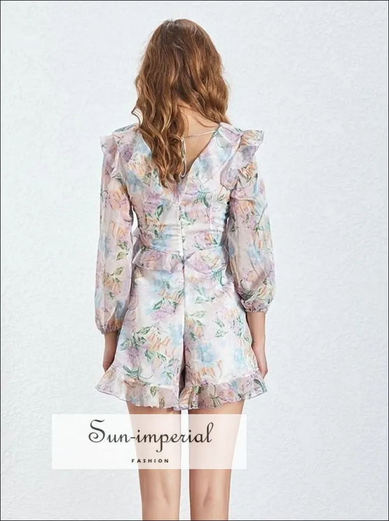 Amanda Romper - Vintage Ruffle Floral Warp Romper Long Sleeve