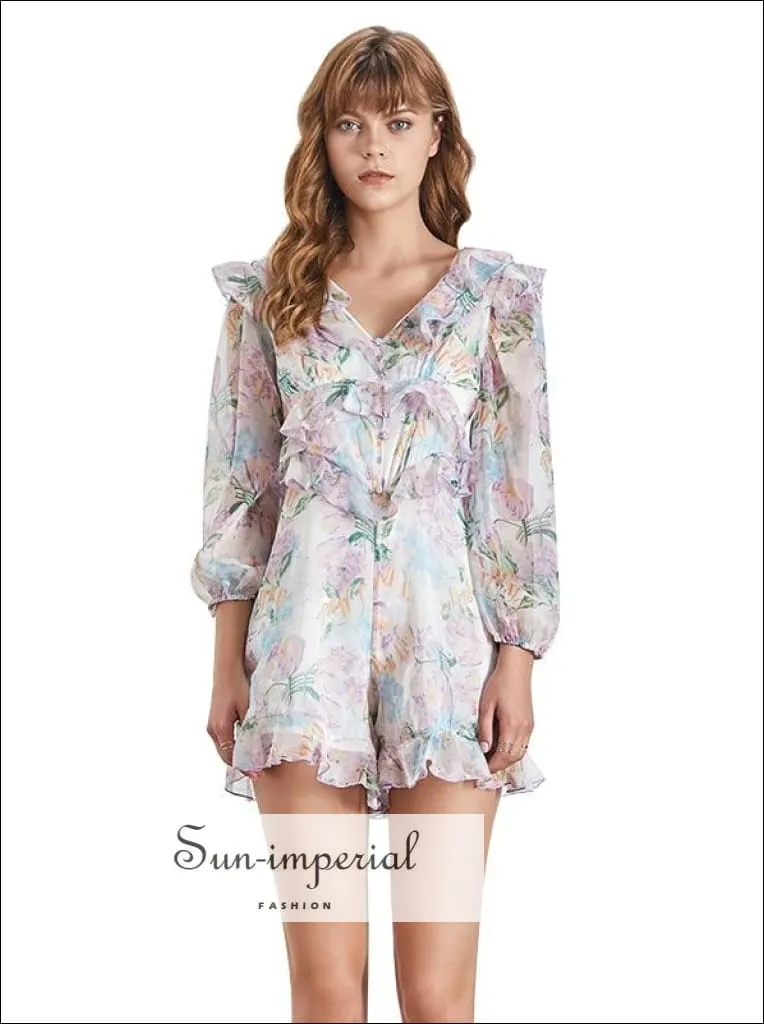 Amanda Romper - Vintage Ruffle Floral Warp Romper Long Sleeve