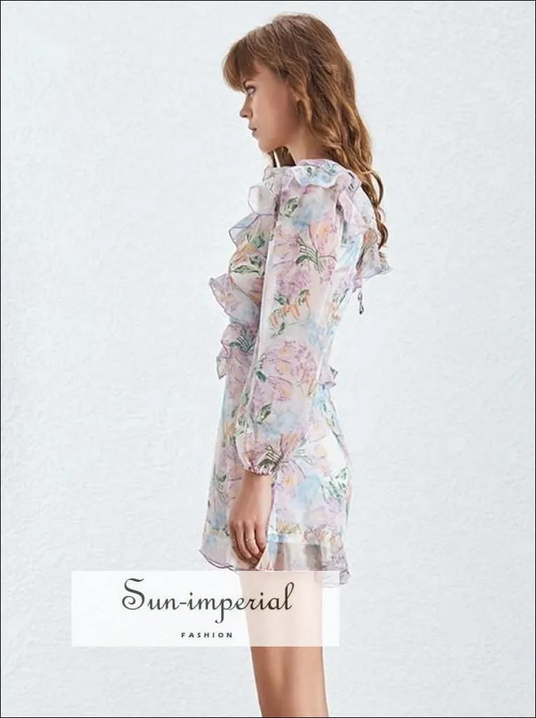 Amanda Romper - Vintage Ruffle Floral Warp Romper Long Sleeve