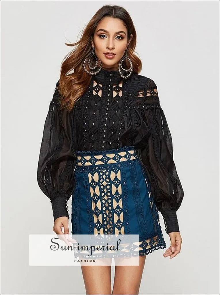 American Girt top in Black - Elegant Women top with Long Lantern Sleeve Hollow out detail Elegant