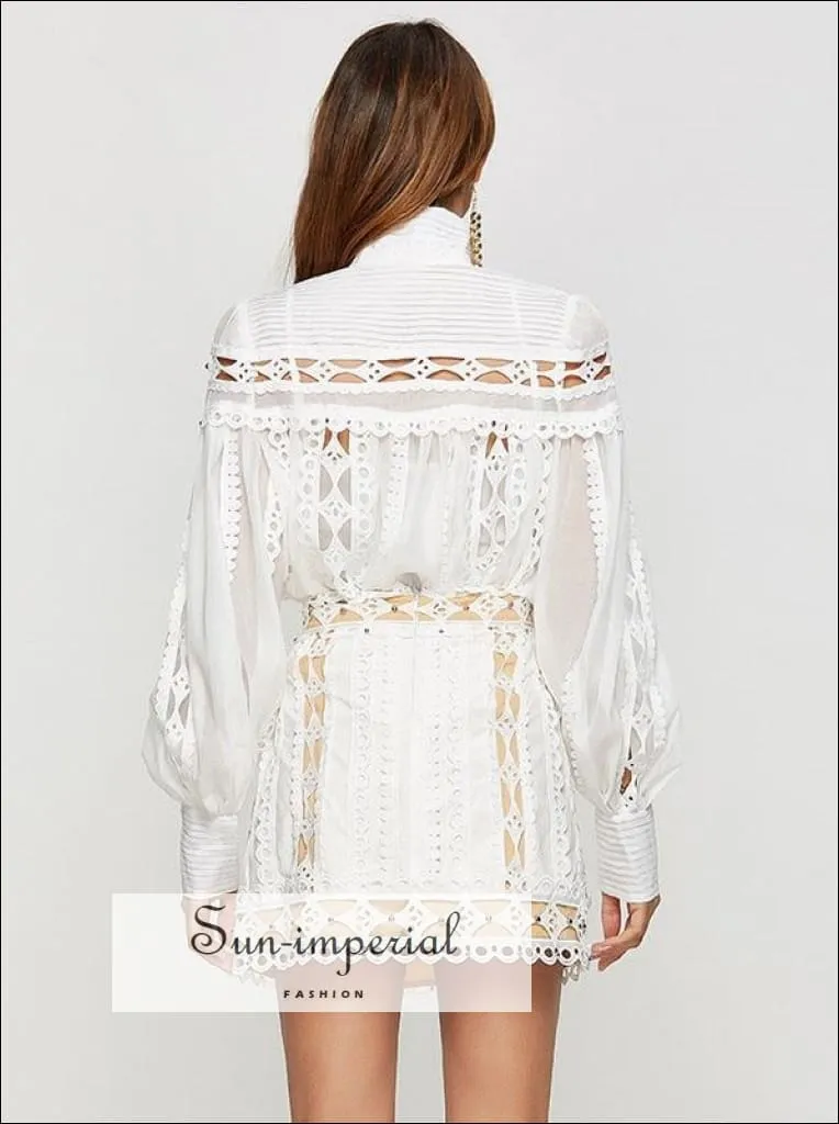 American Girt top in White - Elegant Women top with Long Lantern Sleeve Hollow out detail Elegant