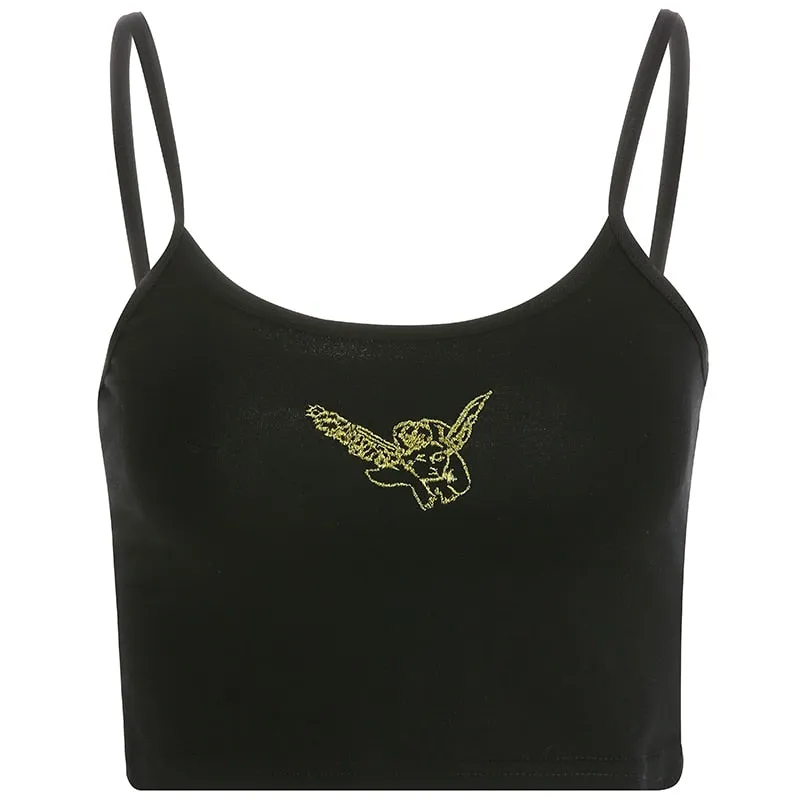 Angel Embroidery Spaghetti Strap Kawaii Bralette Crop Top Sexy Workout Tank Top