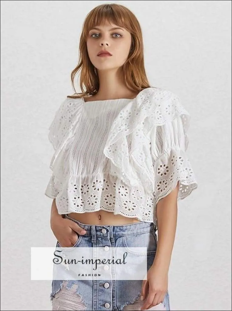 Anne top in White - Lace Lace Blouse for Women Square Collar Ruffles Puff Sleeve Crop top