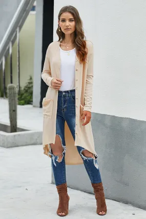 Apricot Selected Button Down Pocketed Knit High Low Long Cardigan