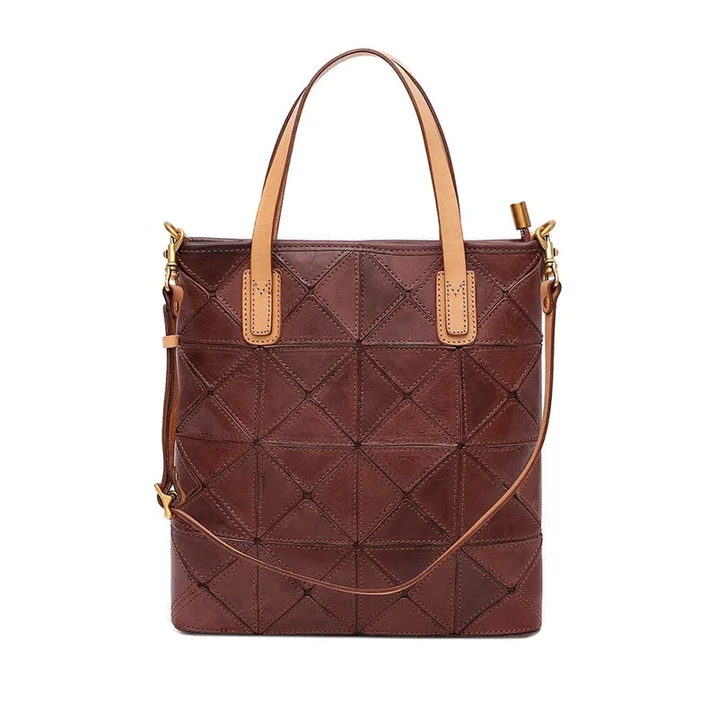 Argyle Splicing Vegetable-Tanned Leather Bag,Top Grain Leather Tote Crossbody Bag For Women