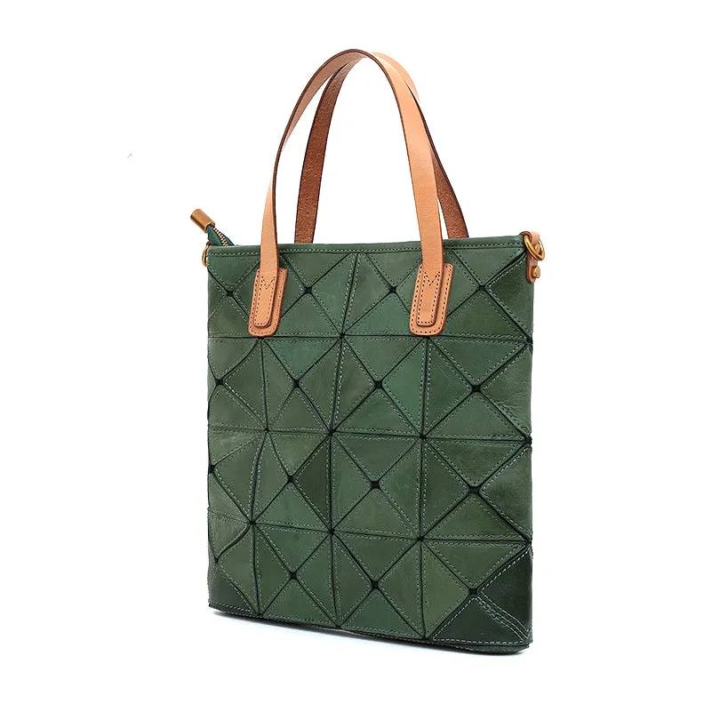 Argyle Splicing Vegetable-Tanned Leather Bag,Top Grain Leather Tote Crossbody Bag For Women