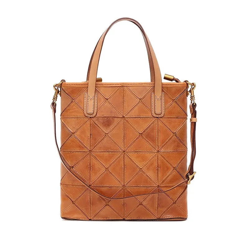 Argyle Splicing Vegetable-Tanned Leather Bag,Top Grain Leather Tote Crossbody Bag For Women