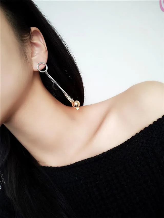 Asymmetric Korean Style Hollow Circle Metal Ball Design Long Earrings