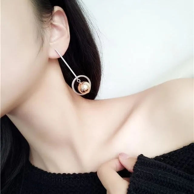 Asymmetric Korean Style Hollow Circle Metal Ball Design Long Earrings