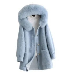 Autumn and Winter 100% Real Sheep Shearling Coat with Fox Fur Collar