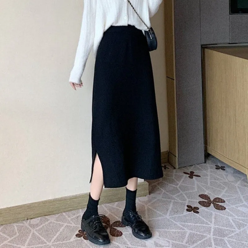 Autumn and Winter Korean Long Back Slit Skirt Hip Skirts All-match High Waist Slimming Black Knitted Skirt Women Plus Size