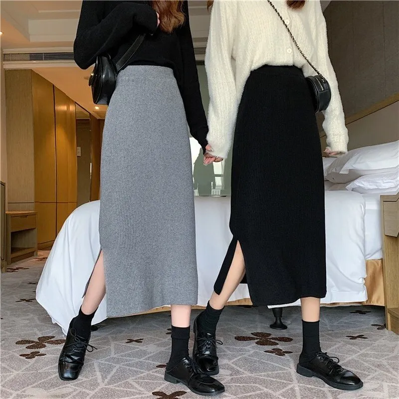 Autumn and Winter Korean Long Back Slit Skirt Hip Skirts All-match High Waist Slimming Black Knitted Skirt Women Plus Size