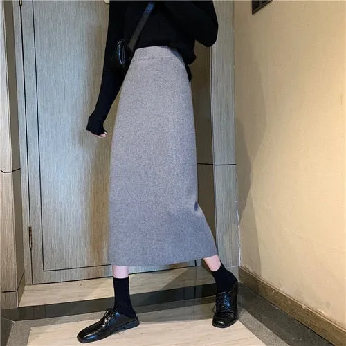 Autumn and Winter Korean Long Back Slit Skirt Hip Skirts All-match High Waist Slimming Black Knitted Skirt Women Plus Size